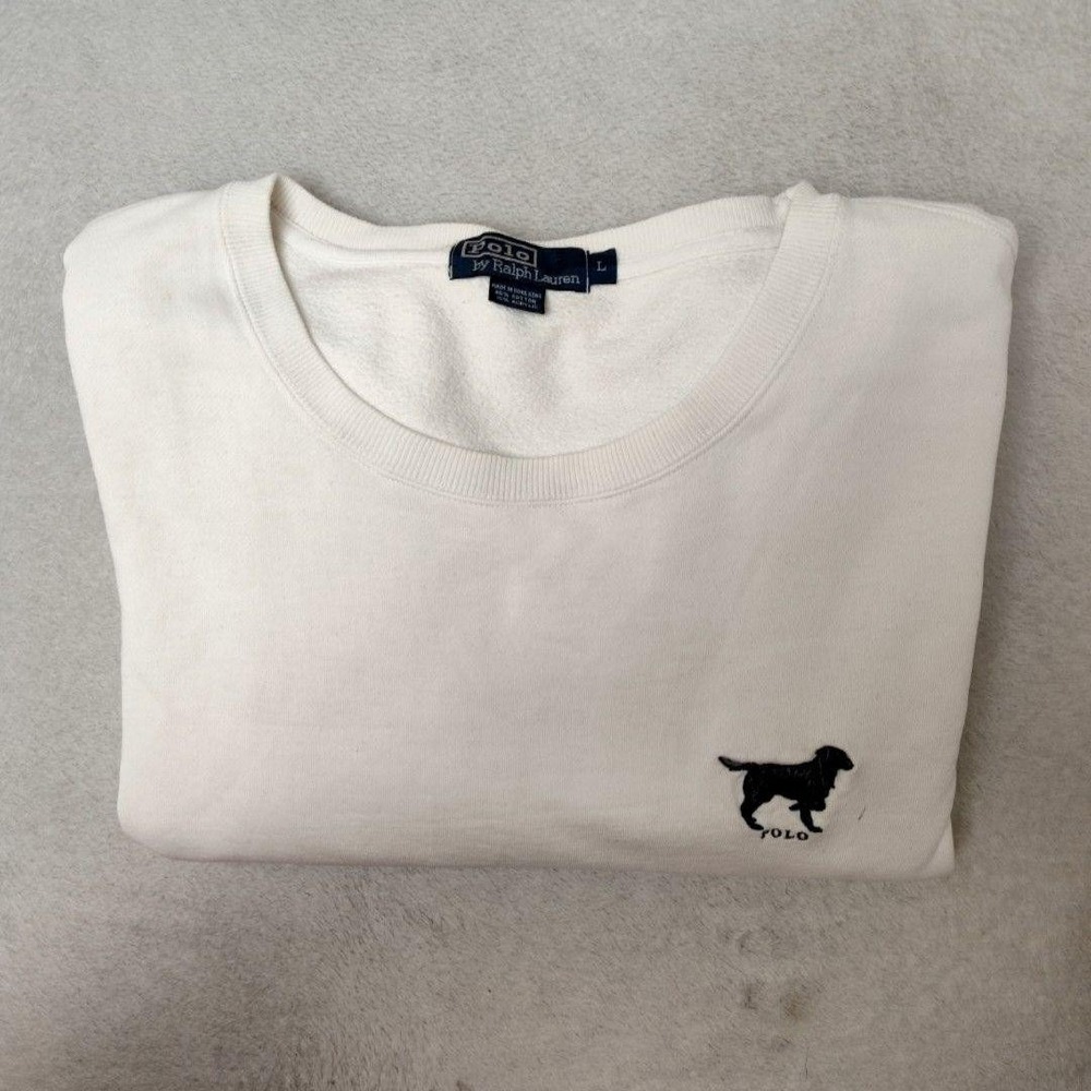 Vintage Polo Ralph Lauren Sweatshirt Men L White 90s Y2K Black Labrador Dog Crew